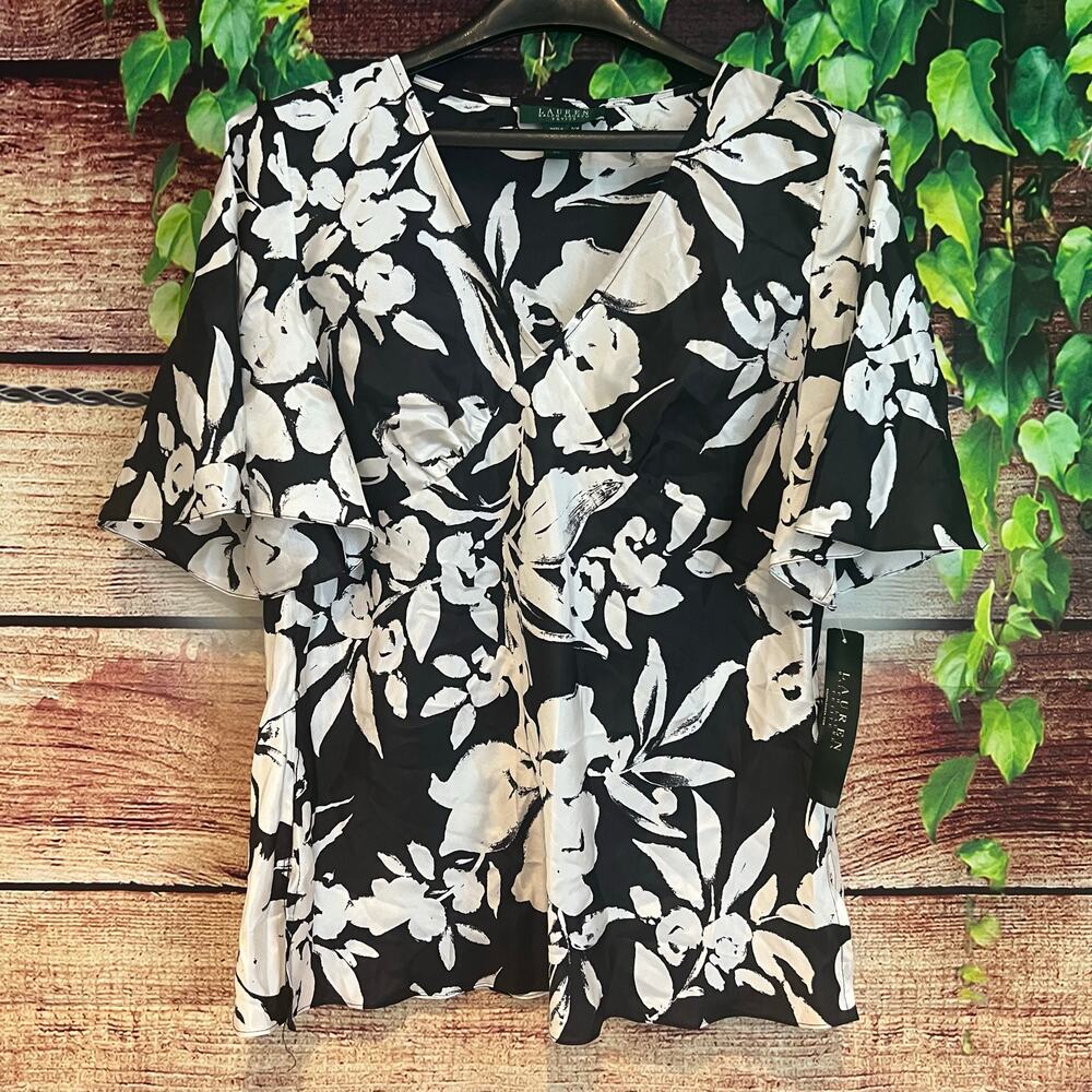 Lauren Ralph Lauren Silk Blouse Medium Petite Floral Black White Flutter Sleeves